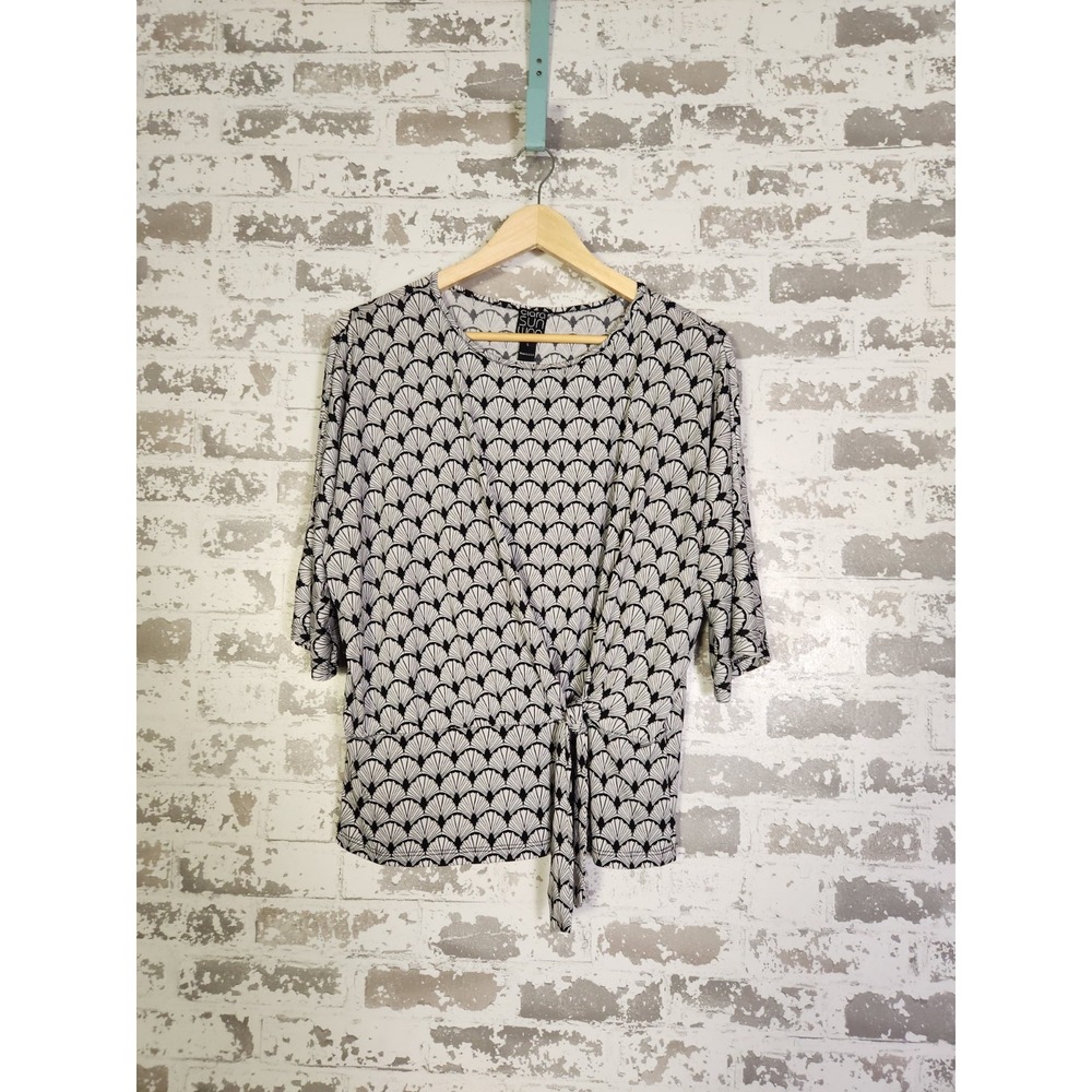 Clara Sun Woo‎ Top Large Tie Front Gray Slinky Knit Dolman Sleeve Printed Top